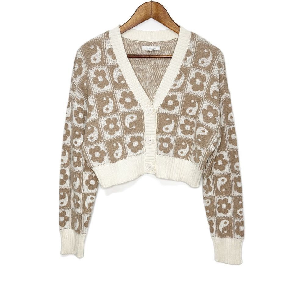 American Eagle Cropped Cardigan Sweater Yin & Yang Extra Small - Picture 2 of 7